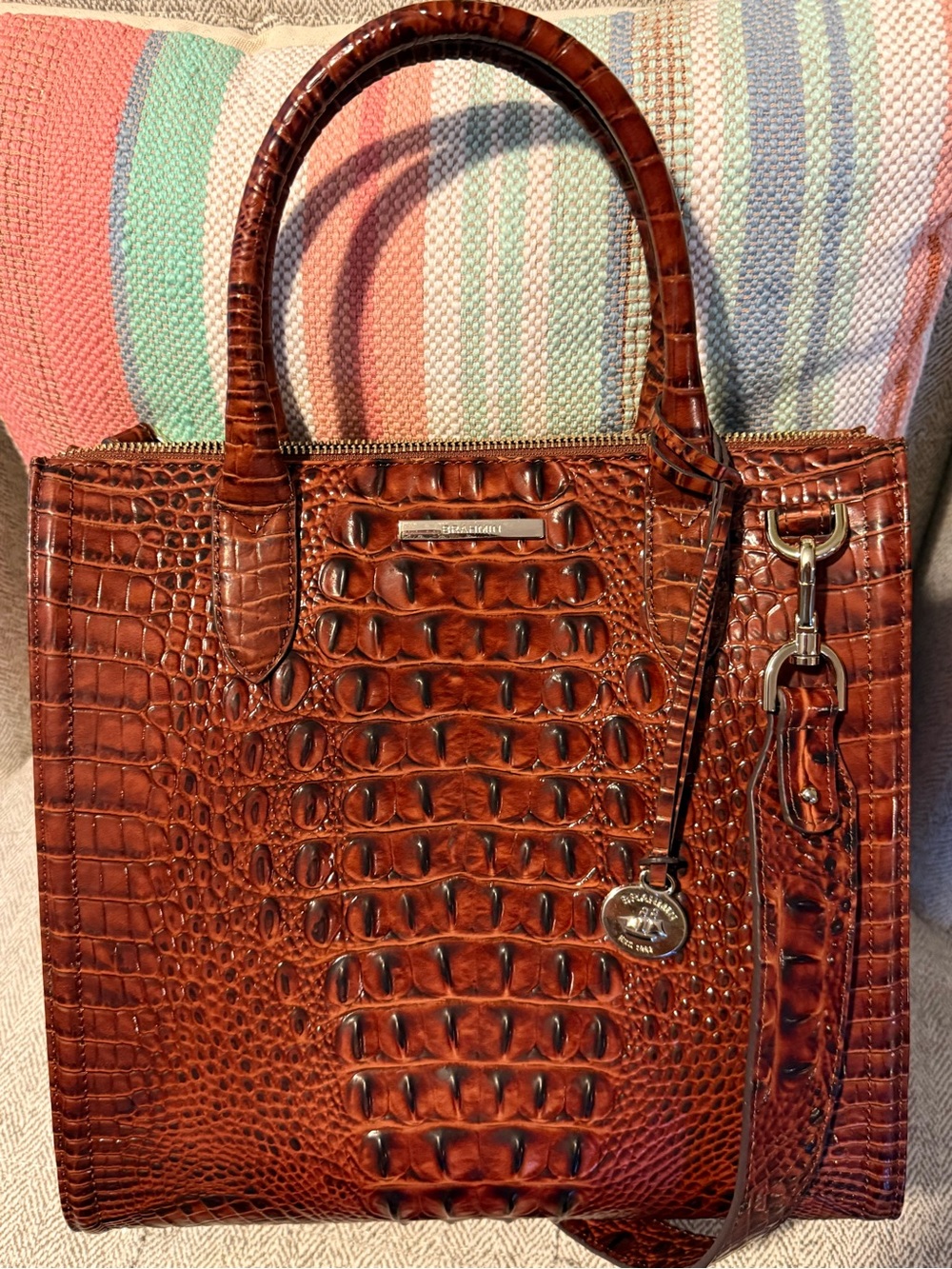 Brahmin Croc-Embossed Chestnut Brown Satchel with Gold Hardware - Picture 4 of 5
